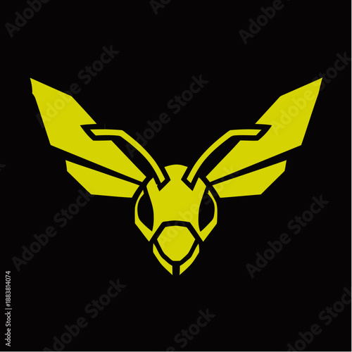 Stylized yellow geometric bee or wasp head with outstretched wings on a black background, resembling a modern insect logo or icon.