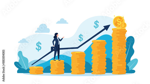 Successful businesswoman standing on growing stacks of gold coins with a rising arrow representing financial growth and investment success.