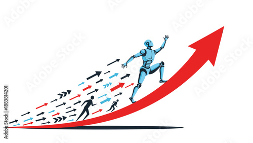 Futuristic blue robot leading a group of human silhouettes up a rising red arrow symbolizing leadership in the age of artificial intelligence.