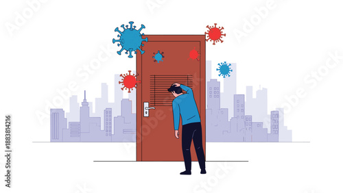 Person standing at a doorway looking out at a city skyline surrounded by giant colorful coronavirus cells during pandemic lockdown.