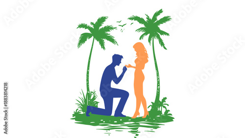 A man proposing to a woman in a tropical paradise setting