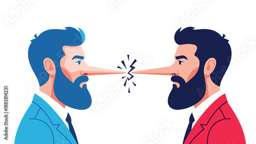 Illustration of two businessmen in suits with long noses touching each other, symbolizing dishonesty, lies, and conflict in business.