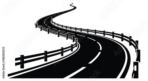 a striking black and white image depicts a curving road with a guardrail presented as a silhouette