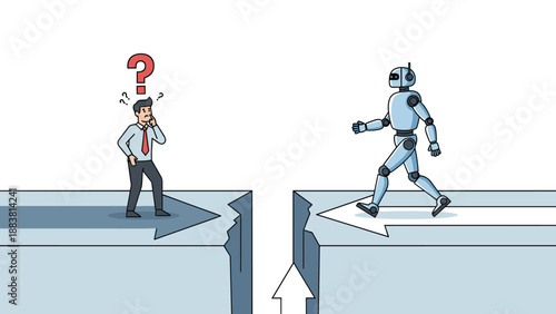 Conceptual image of a businessman and a robot facing each other across a gap with directional arrows, representing AI and human work gap.