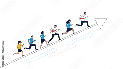 Group of business people in colorful suits running up a large rising arrow, symbolizing career competition, ambition, and business growth.