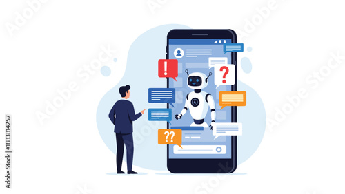 Businessman standing in front of a giant smartphone screen featuring a helpful AI chatbot robot with speech bubbles and questions.