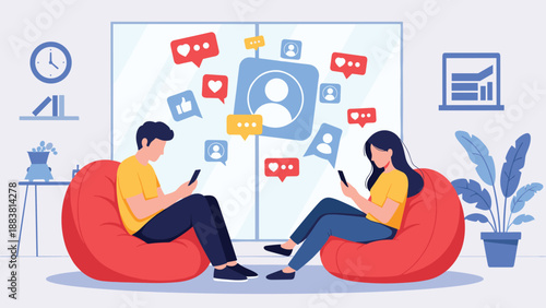 Man and woman sitting in red bean bag chairs using their smartphones with floating social media icons in a modern office or home space.