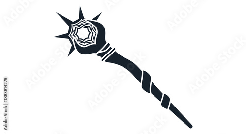 a detailed black and white design depicting a magical staff with intricate patterns stylized as a silhouette