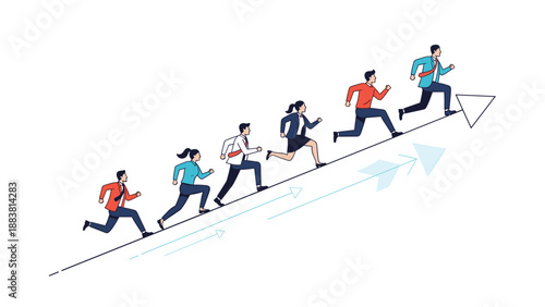 Dynamic illustration of business people sprinting up an inclined arrow towards success and higher professional achievement.