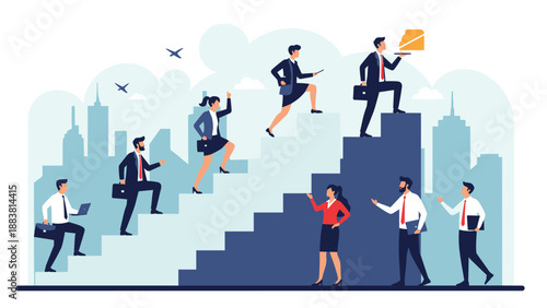 Diverse business professionals climbing up giant staircase blocks in a city setting towards a goal, representing career advancement.
