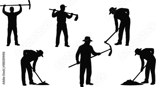Farmer and agricultural worker silhouettes using hand tools, illustrating traditional farming, manual labor, rural life, crop cultivation and sustainable agriculture practices
