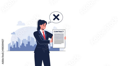 Businesswoman holding a paper labeled contract with a black cross mark in a thought bubble, representing rejection or cancellation.