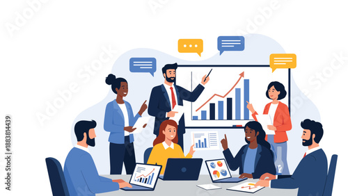 Diverse group of business people in a meeting room looking at a man giving a presentation with a growing bar graph on a whiteboard.