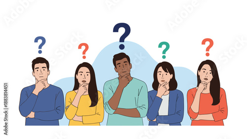 Group of five diverse men and women standing with thoughtful expressions and colorful question marks above their heads.