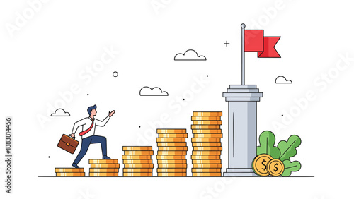 Businessman with a briefcase running up stacks of gold coins towards a red flag on a pedestal, representing wealth and goal achievement.