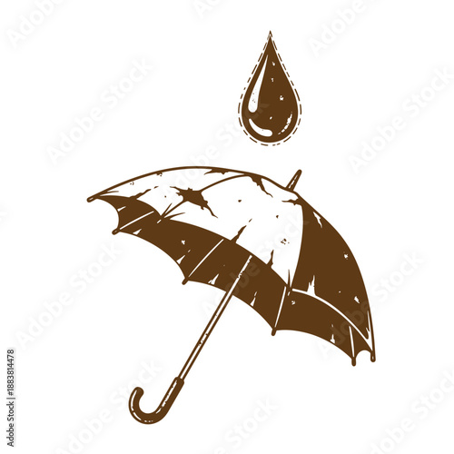 Drawing Vintage grunge  texture Brown vintage umbrella with raindrop illustration on white background
