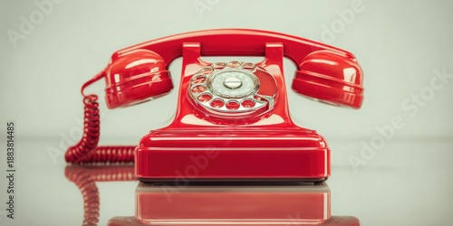 A vibrant, glossy, red vintage telephone sitting on a reflective surface. Focus is on its dial