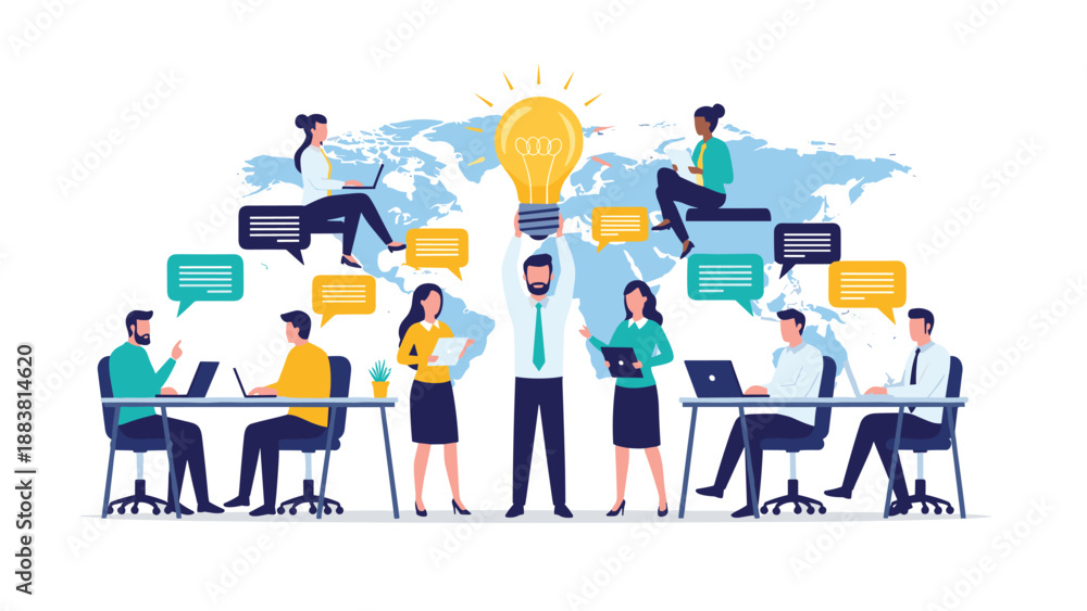 Fototapeta premium Global business team collaborating and brainstorming creative ideas around a giant lightbulb set against a world map background.