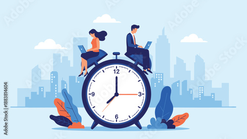 Time management concept with a man and a woman sitting on top of a giant alarm clock and working on their laptop computers.