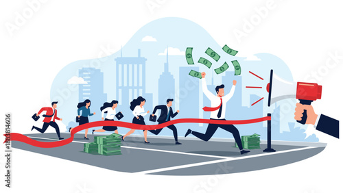 Competitive corporate race where business professionals are running towards a finish line to win stacks of cash and financial rewards.