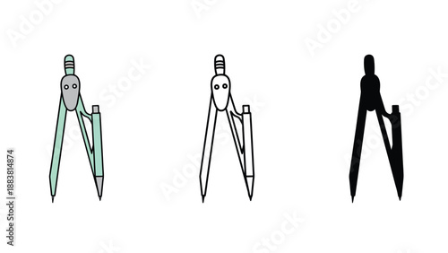 A set of three compass drawing tools in different colors and styles