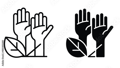 A graphic illustration of hands and leaves in black and white