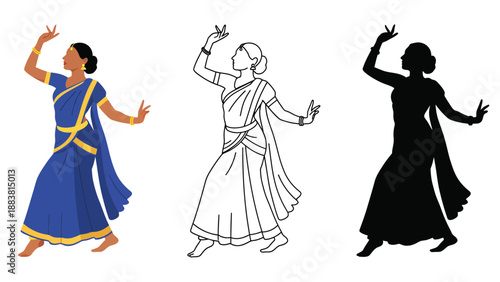 Three illustrations of a woman dancing in different styles and colors
