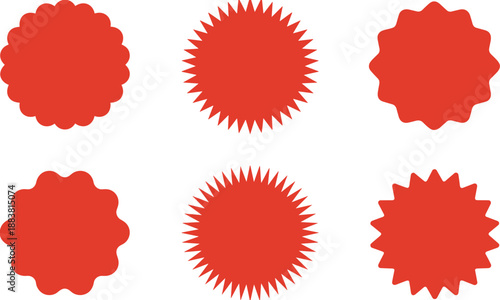 Red starburst badge set, geometric label shapes, promotional seal icons, decorative design elements, flat vector illustrationRed starburst badge set,