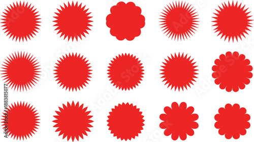 Red starburst shapes, geometric flower forms, circular patterns, abstract design elements, visual accents, vector grid layout, flat vector illustration