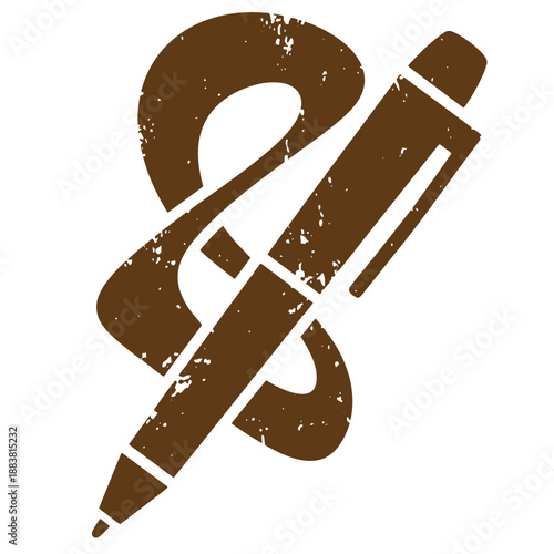 Drawing Vintage grunge  texture Brown dollar sign with pen crossed over it on white background