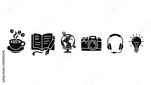 A collection of icons representing creativity and learning on a white background