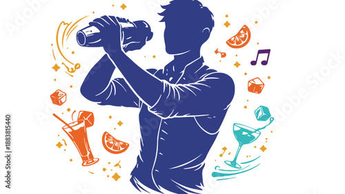 A bartender shaking a cocktail in a lively and vibrant atmosphere