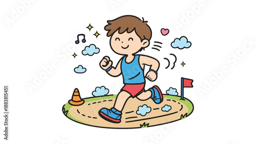 A happy cartoon boy running on a track with clouds and music notes