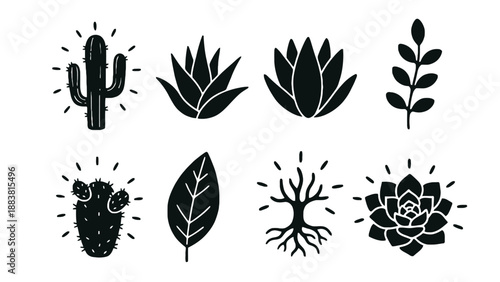 A collection of various desert plant silhouettes on a white background