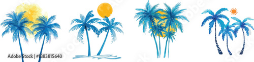 Watercolor set abstraction of blue palm trees and sun in watercolor. Hand drawn. Isolated on white background