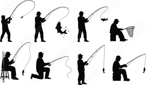 Fishing silhouettes collection showing anglers casting, catching fish, and netting catch, black vector fisherman poses isolated on white background
