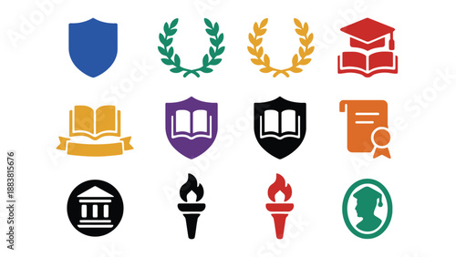 A collection of colorful educational icons on a white background
