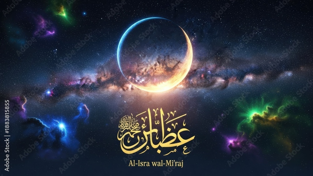 Obraz premium Crescent Moon with Arabic Calligraphy Night Sky.