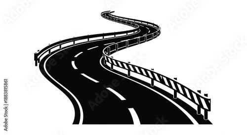 a winding asphalt road with a guardrail depicted in a stark black and white design silhouette