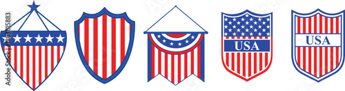 USA patriotic shield and bunting set with American flag pattern and stars vector icons.