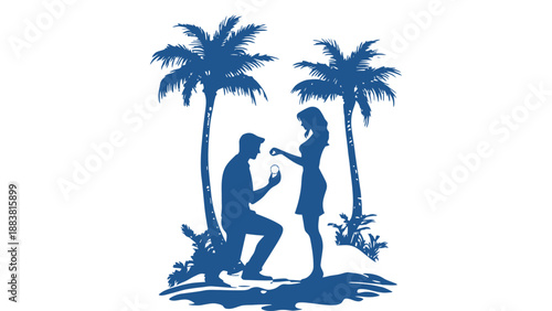 A romantic proposal scene on a tropical beach at sunset