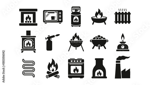 A collection of black icons depicting various heating and cooking elements