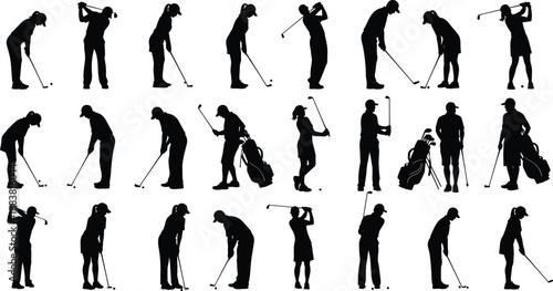 Golfers silhouette vector collection showing men and women playing golf, swinging clubs, putting, and carrying bags in multiple action poses isolated on white background
