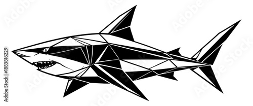 Geometric line art illustration of a shark depicting an aggressive posture for marine life design