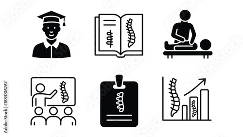 A set of black and white icons related to spine and education