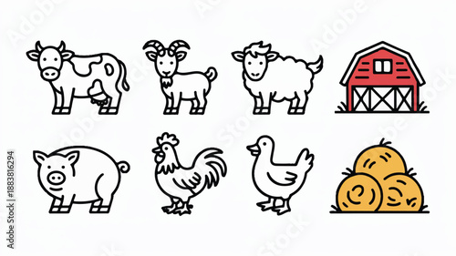 Clean farm line art icon set, representing agriculture, nature, and rural life. Simple vector graphics for websites, apps, and presentations.