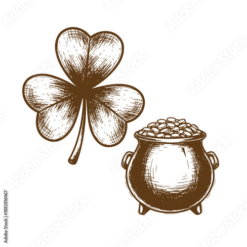 Drawing Vintage grunge  texture st patricks day shamrock and pot of gold coins illustration