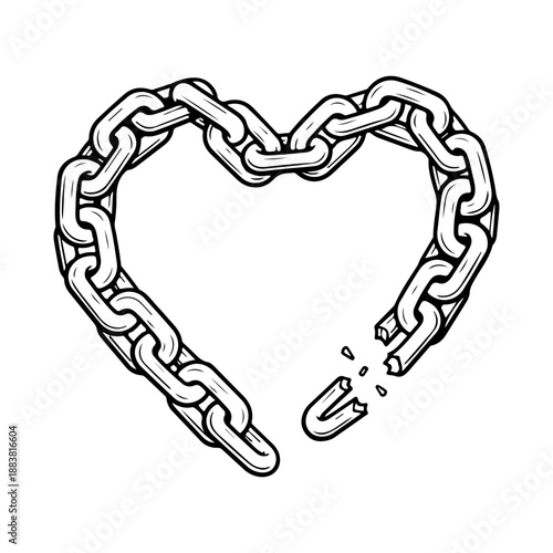 Heart shape chain with broken link for break free and freedom concept