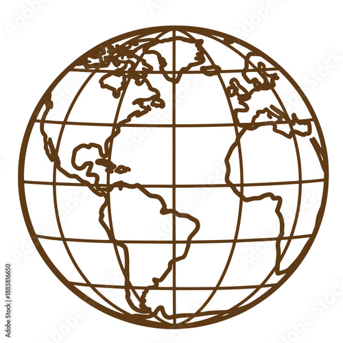 Drawing Vintage grunge  texture Brown globe illustration with grid lines and continents  world map icon