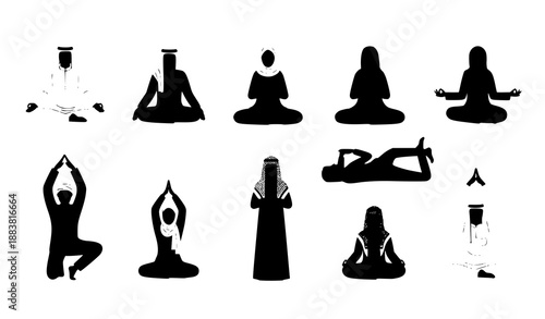 Arab People in Traditional Clothing Practicing Yoga and Wellness Vector Illustration Set